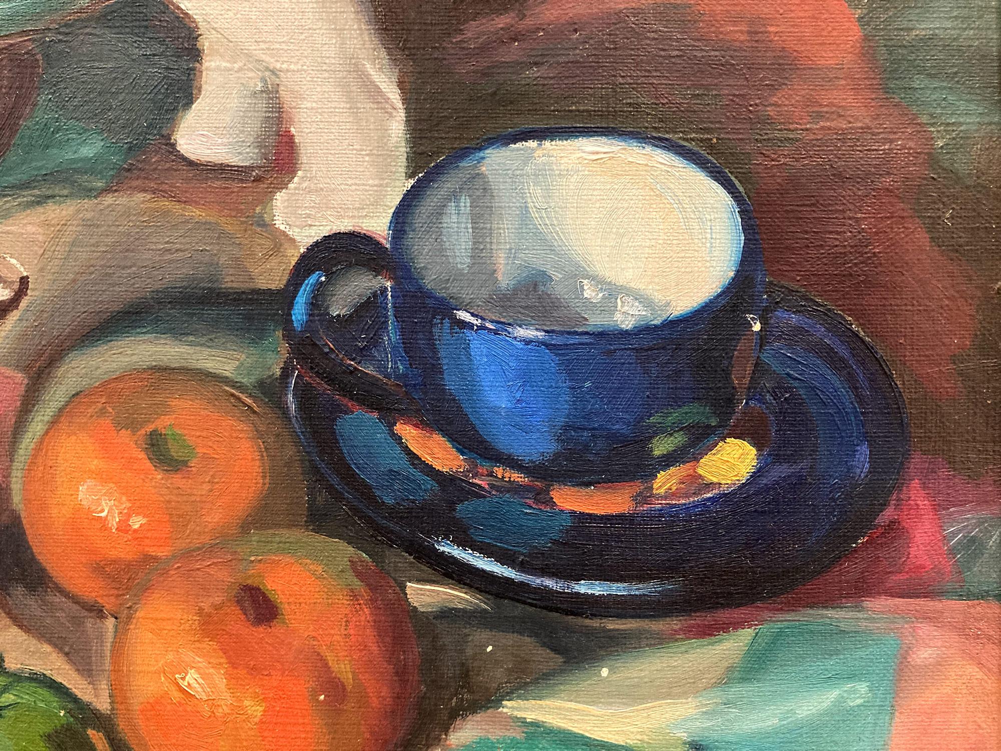 American 20th Century Oil Painting Still Life of Fruits & Tea Set from 1934 For Sale 2