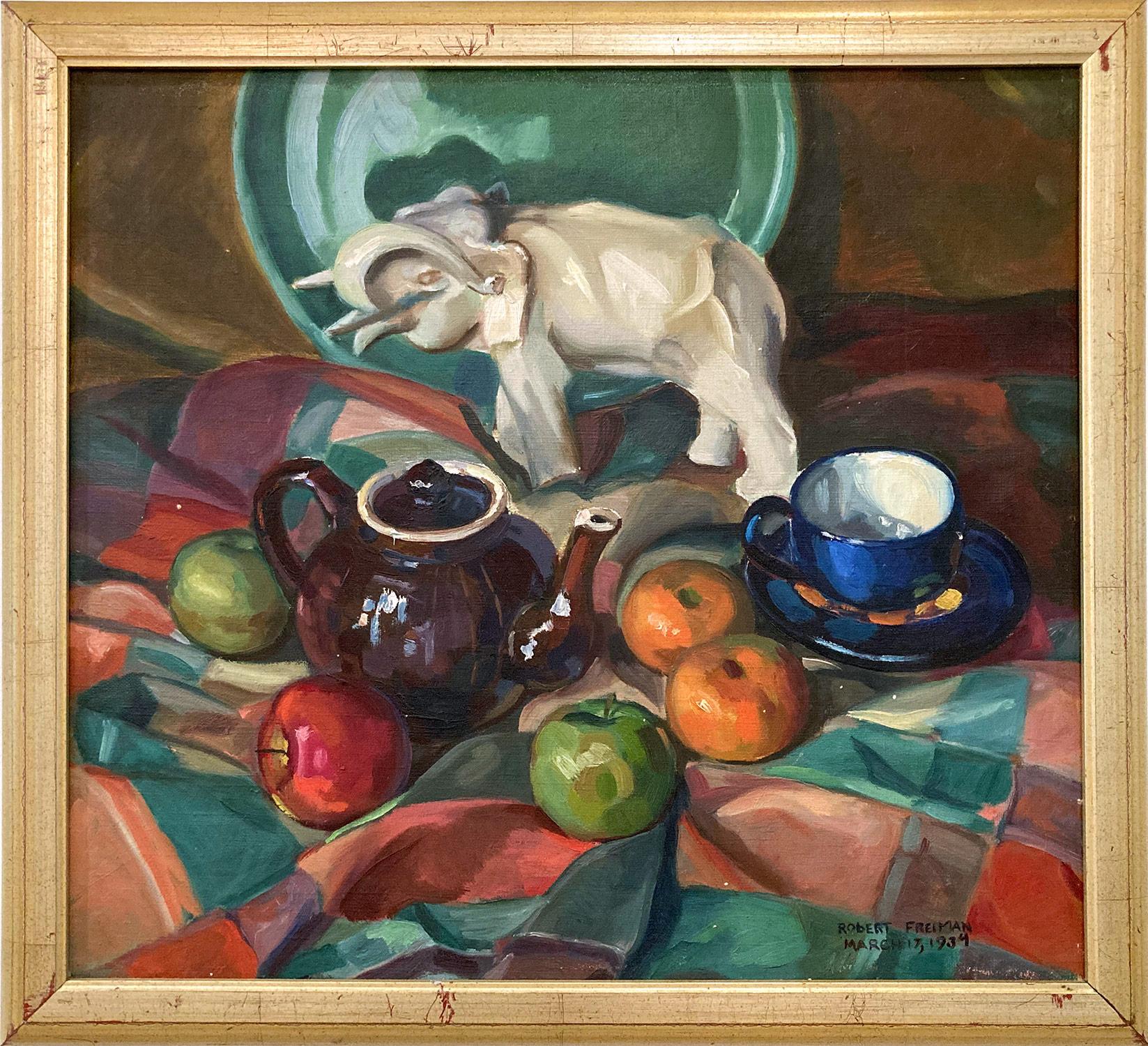 Figurative Painting Robert Freiman - Peinture à l'huile américaine du 20e siècle - Nature morte de fruits et de thé de 1934