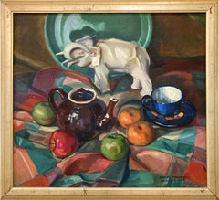 Vintage American 20th Century Oil Painting Still Life of Fruits & Tea Set from 1934