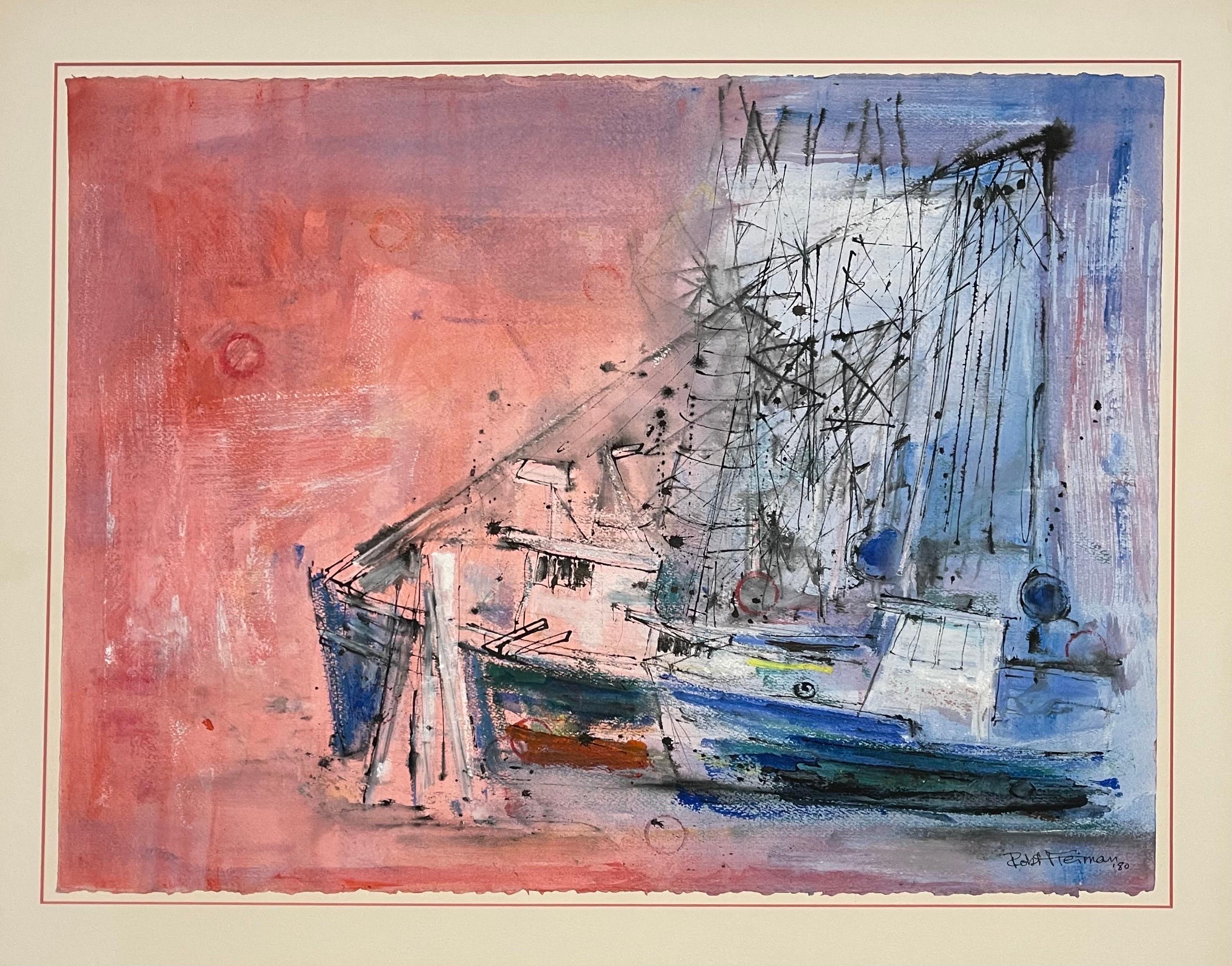 Gouache Watercolor Painting, Nantucket Harbor Boats American Deaf Modernist Art - Brown Landscape Art by Robert Freiman