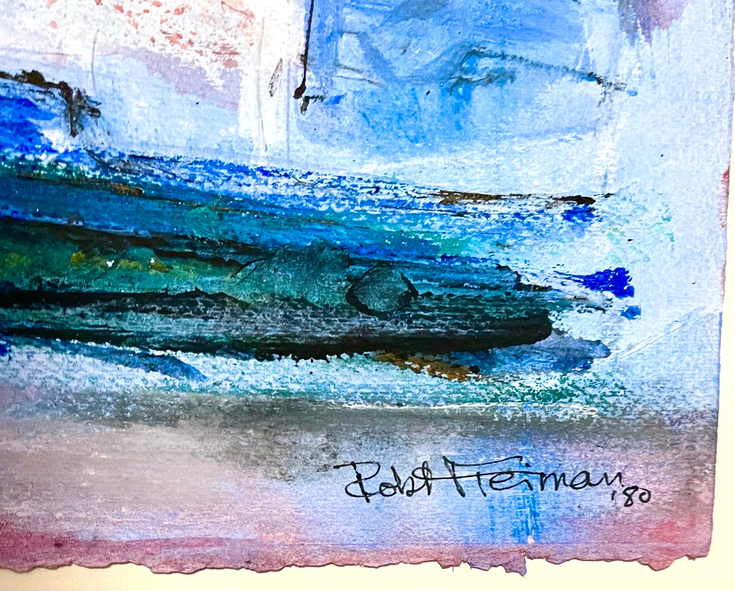 Abstract harbor scene with boats, in bold, vivid colors on heavy mould made paper. 
Hand signed and dated, 1980
22 X 30 not frame

Robert Freiman, deaf from birth, was born in March 1917 in New York City. He attended an oral program near his home