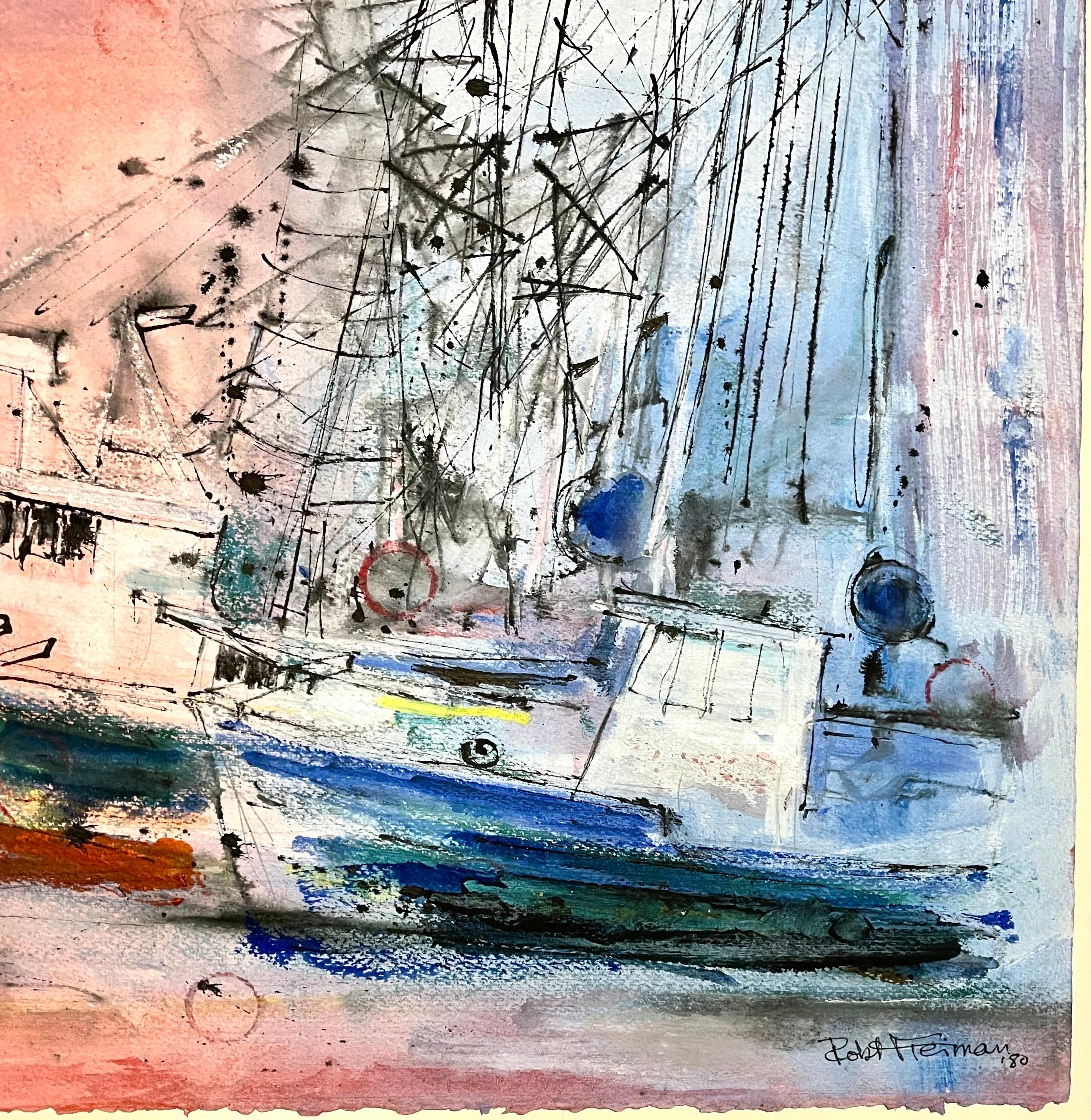 Pintura Acuarela Gouache, Barcos del Puerto de Nantucket Arte Modernista Sordo Americano - Painting Expresionista de Robert Freiman