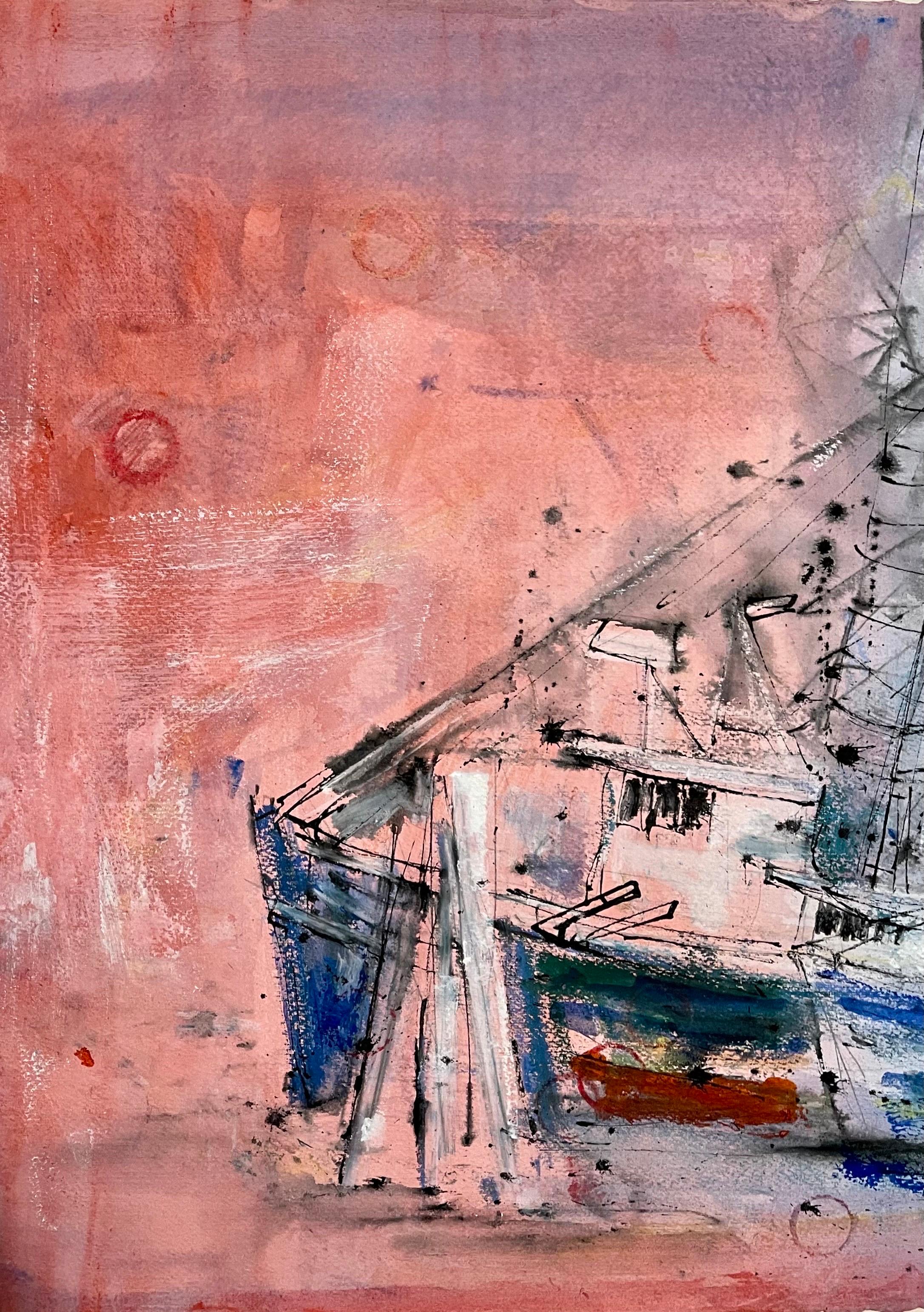 Gouache Watercolor Painting, Nantucket Harbor Boats American Deaf Modernist Art For Sale 3