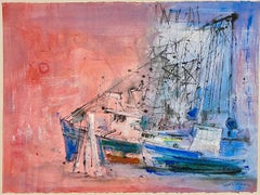 Gouache Watercolor Painting, Nantucket Harbor Boats American Deaf Modernist Art