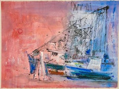 Pintura Acuarela Gouache, Barcos del Puerto de Nantucket Arte Modernista Sordo Americano