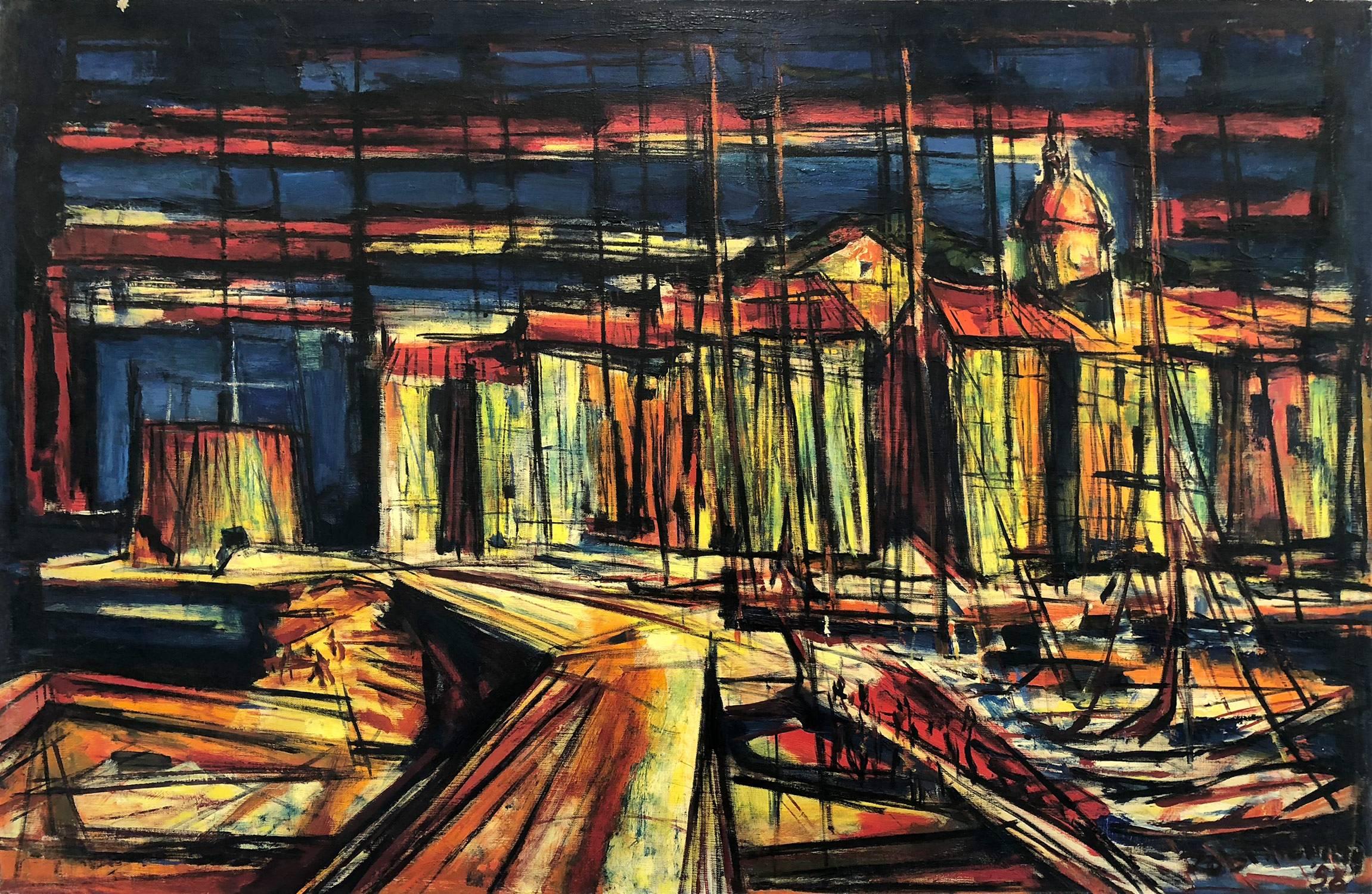 Robert Freiman Landscape Painting – ""L'après Midi a St Tropez" Abstraktes Ölgemälde von Marina auf Leinwand, Mitte des Jahrhunderts