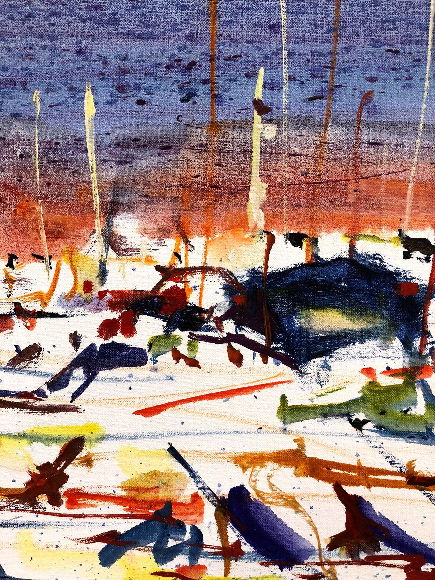 Große abstrakte Boote im Hafen (Violett), Landscape Painting, von Robert Freiman