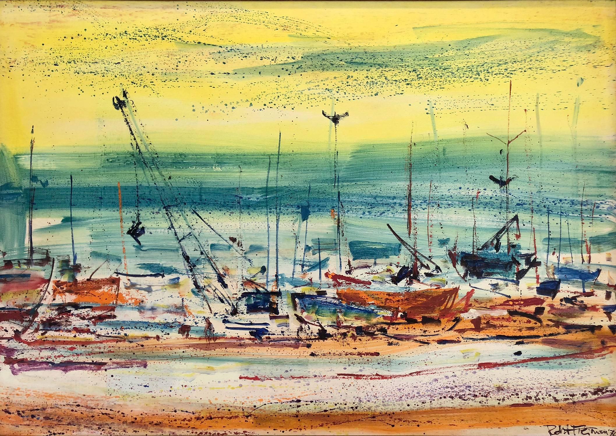 Large Abstract Boats on the Sea Shore - Painting by Robert Freiman