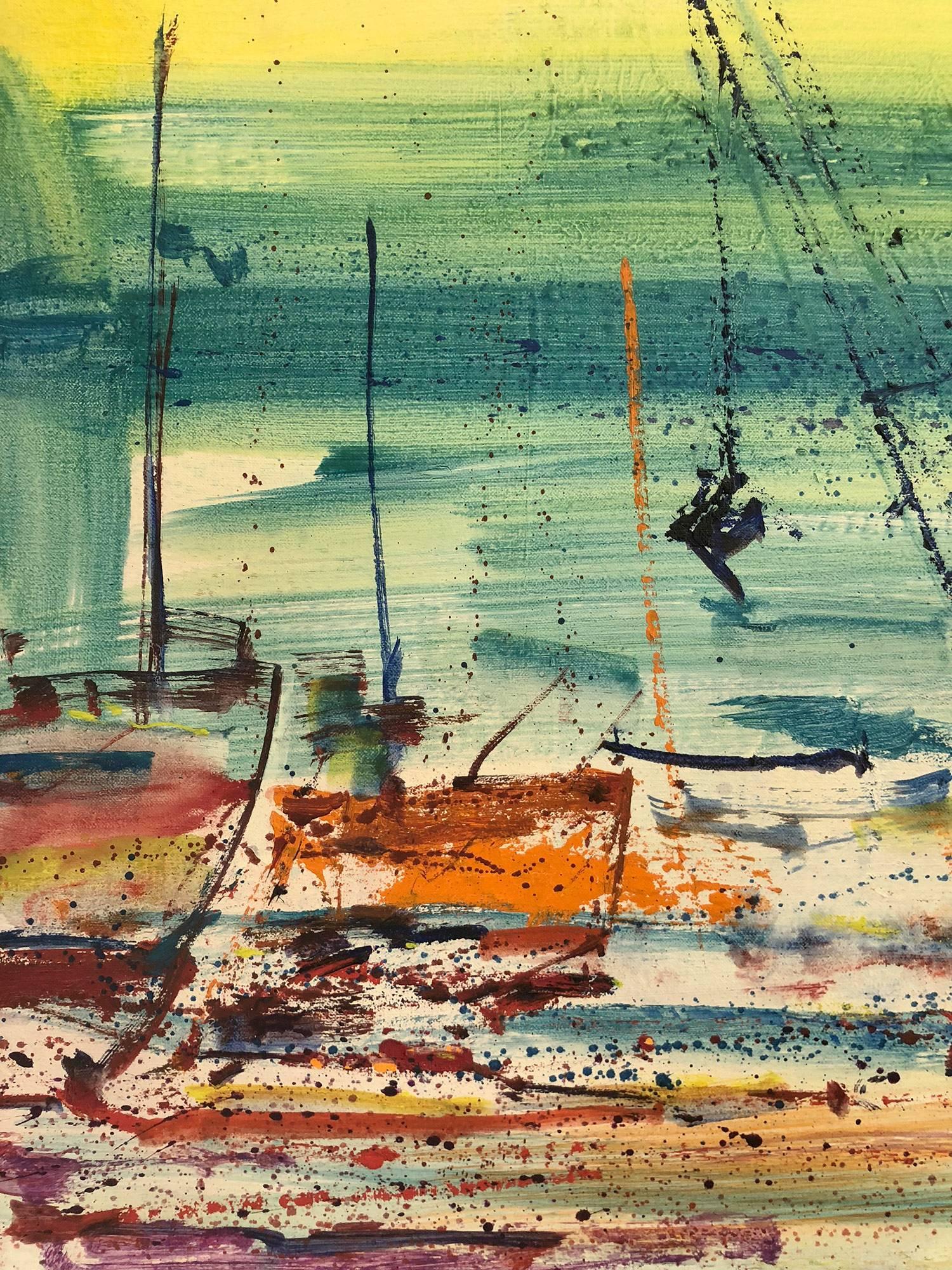 Grandes barcos abstractos en la orilla del mar - Painting Impresionista abstracto de Robert Freiman