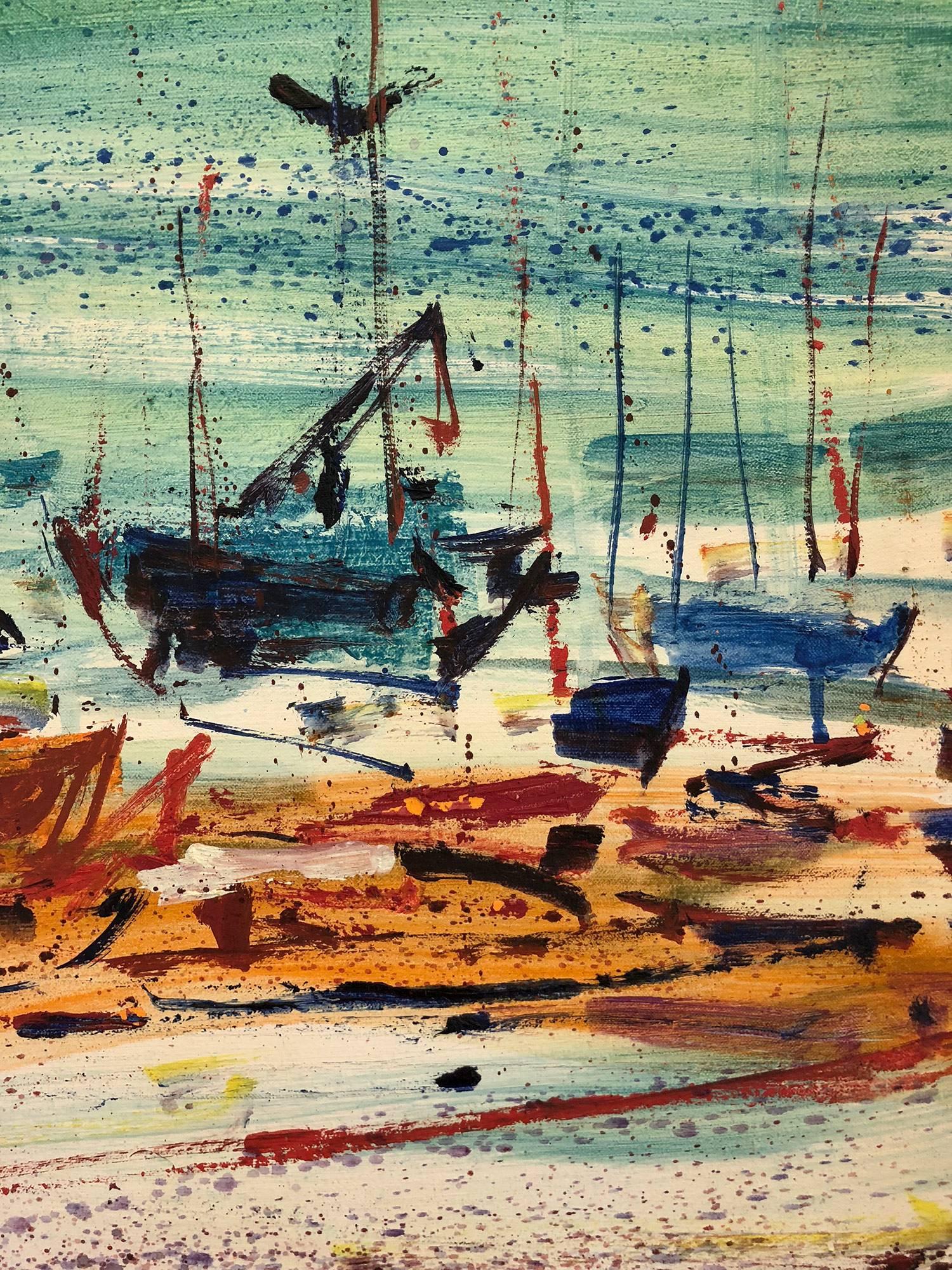 Large Abstract Boats on the Sea Shore - Beige Landscape Painting by Robert Freiman