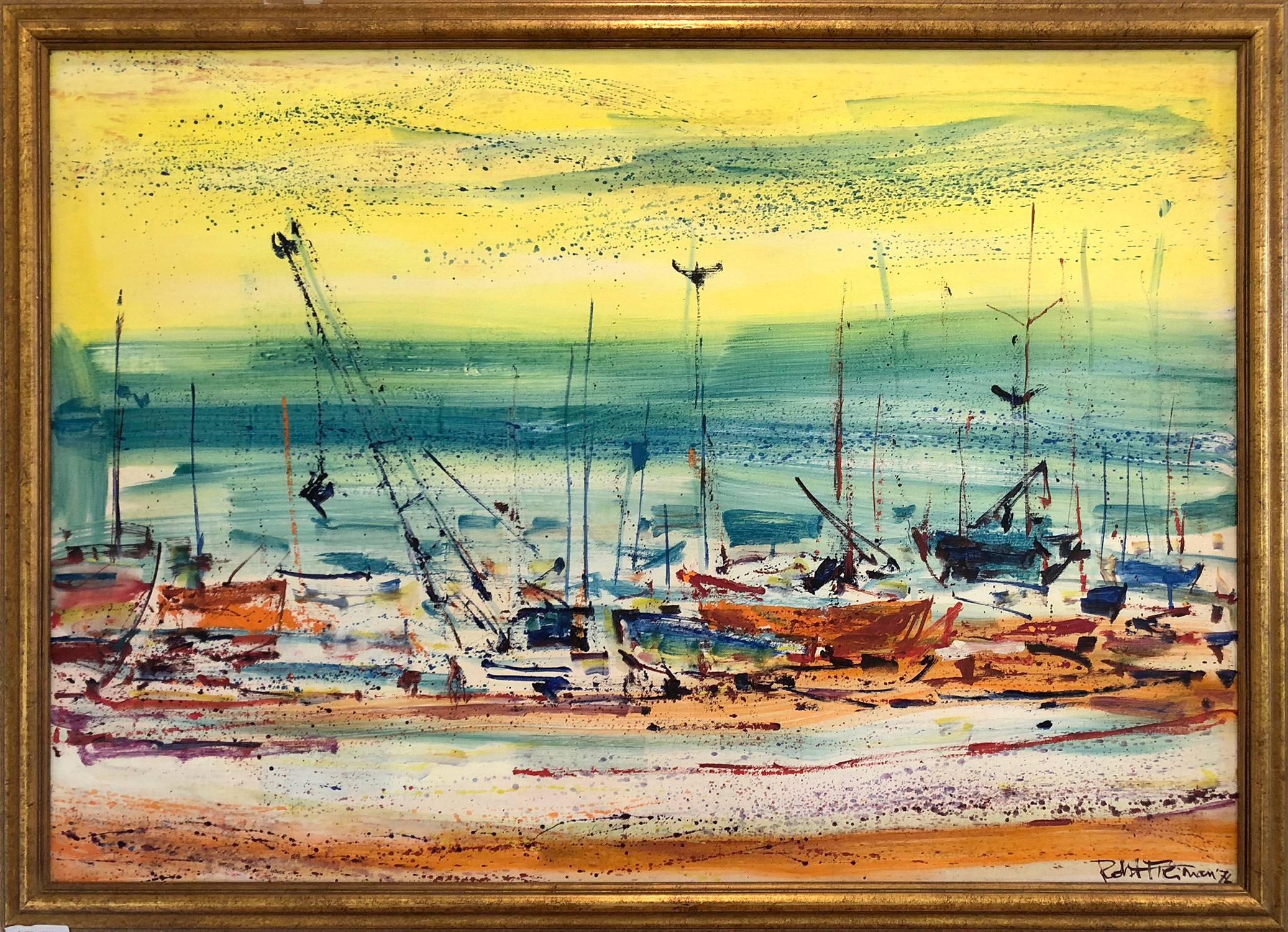 Landscape Painting Robert Freiman - Grands bateaux abstraits sur la rive de la mer