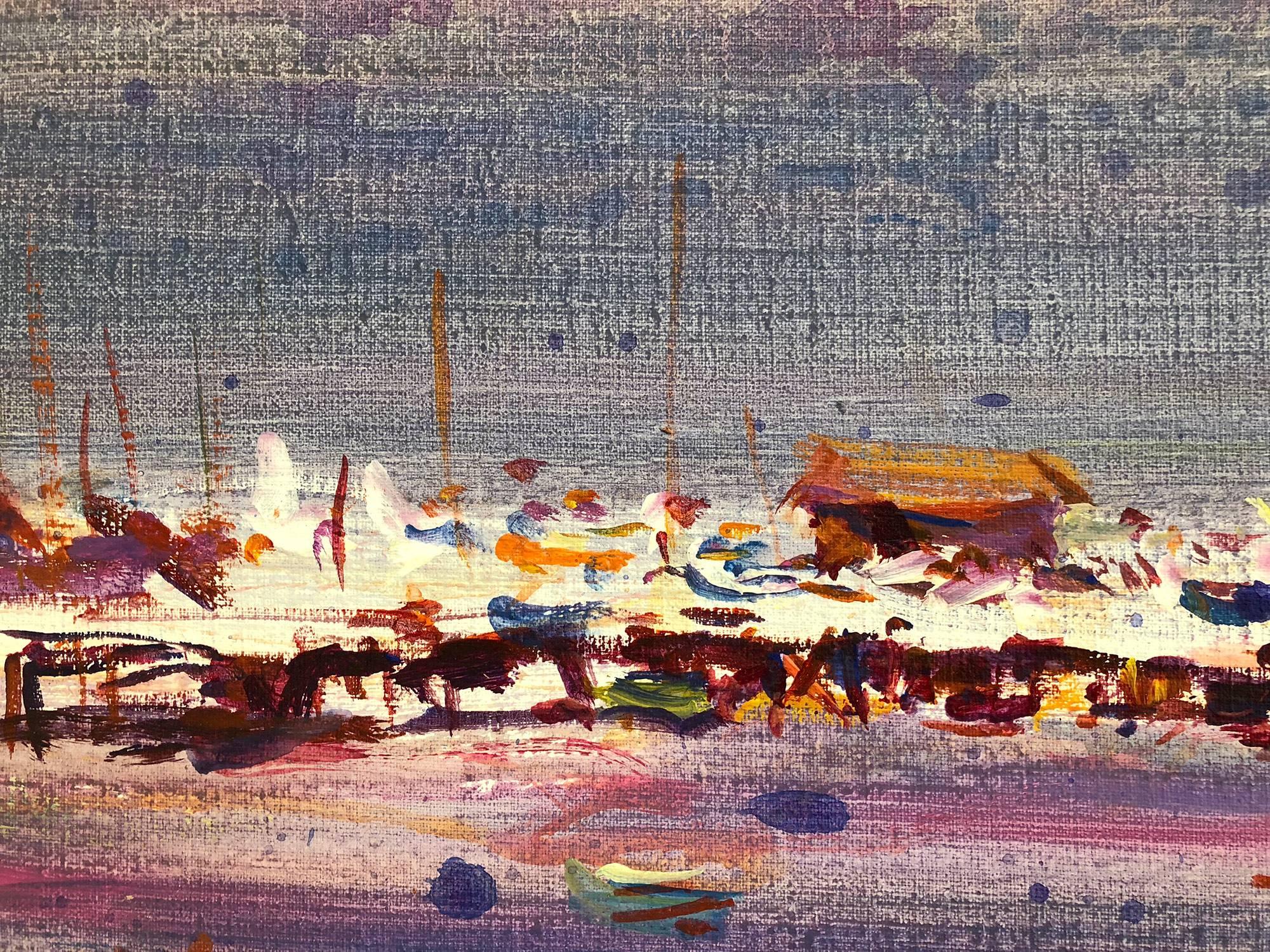 Eine abstrakte Strandszene mit lebhaftem Einsatz von Farbe und komplexen Linien und Farbplatzierungen. Ein starkes modernistisches Ölgemälde aus dem Jahr 1982 mit Segelbooten, Figuren und einer endlosen Skyline. Freiman, der für seine Figuren auf