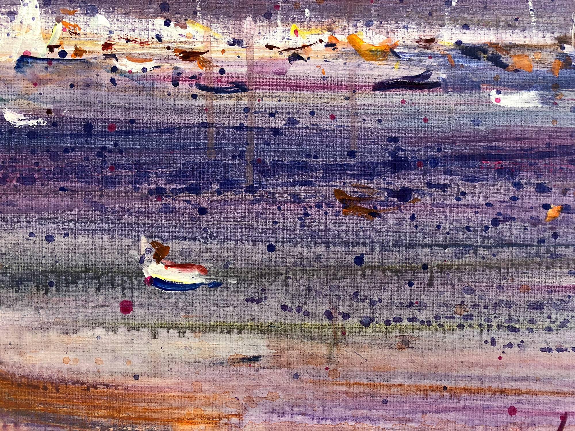 An abstract beach scene with vivid use of paint and complex lines and color placement. A strong modernist oil painting depicted in 1982 with sail boats, figures and, an endless skyline. Freiman, known for his figures on canvas or street scenes, is