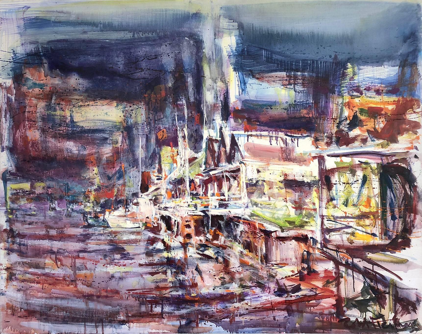 Robert Freiman Landscape Painting - Large Abstract Harbor Scene
