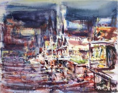 Vintage Large Abstract Harbor Scene