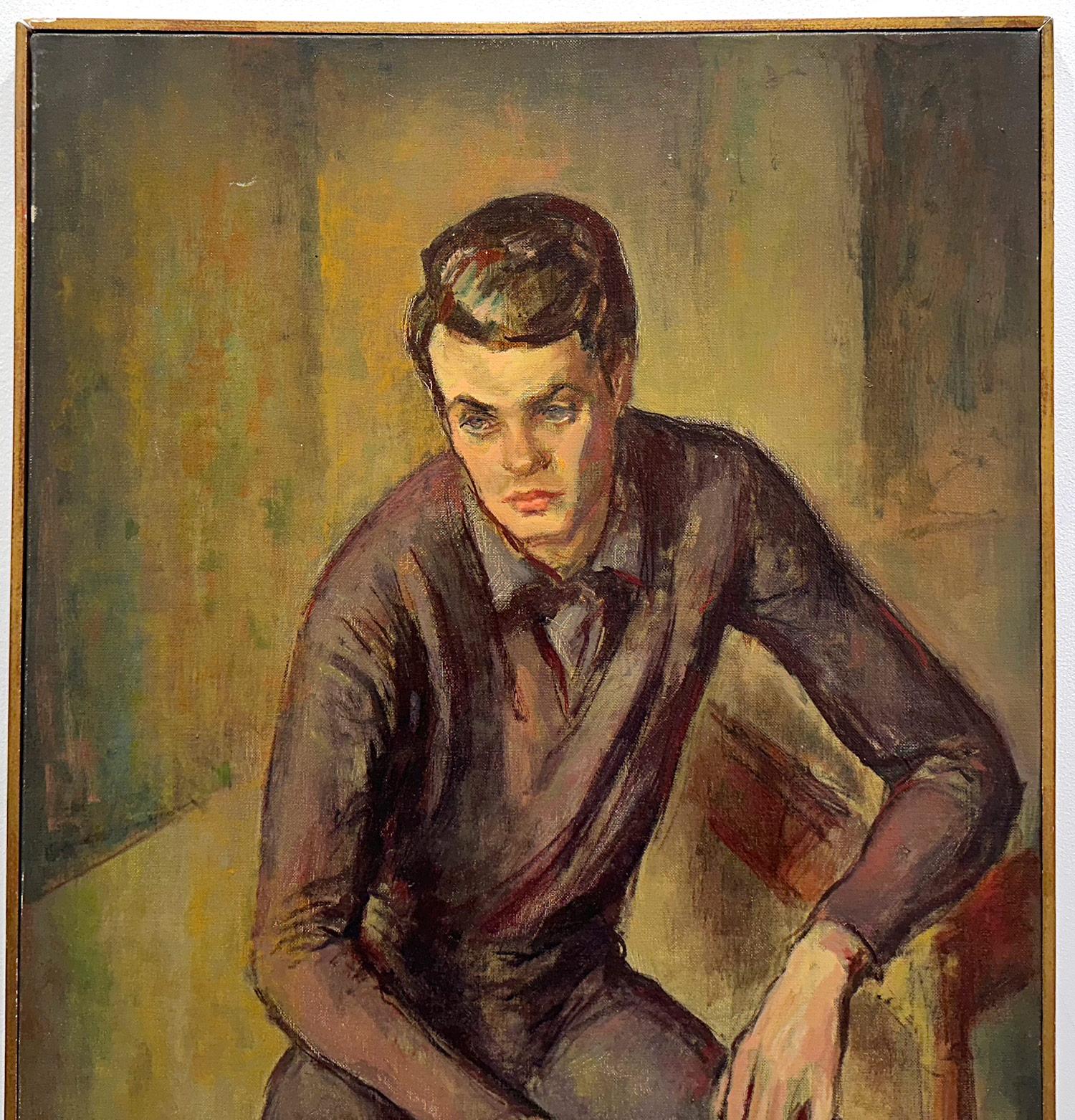 „Meditation“ Porträt eines sitzenden jungen Mannes, amerikanisches Ölgemälde auf Leinwand, gerahmt – Painting von Robert Freiman