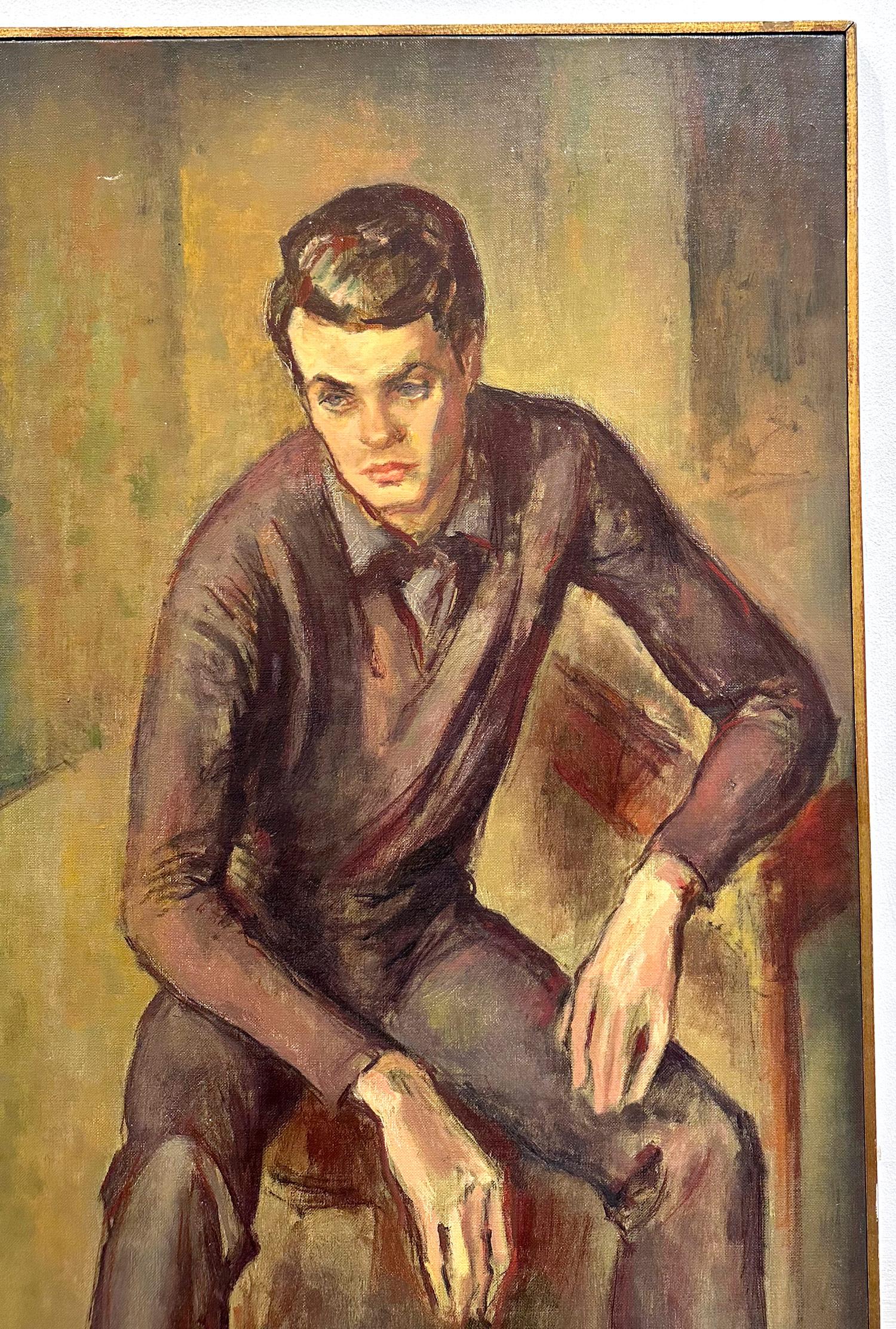 „Meditation“ Porträt eines sitzenden jungen Mannes, amerikanisches Ölgemälde auf Leinwand, gerahmt (Beige), Figurative Painting, von Robert Freiman