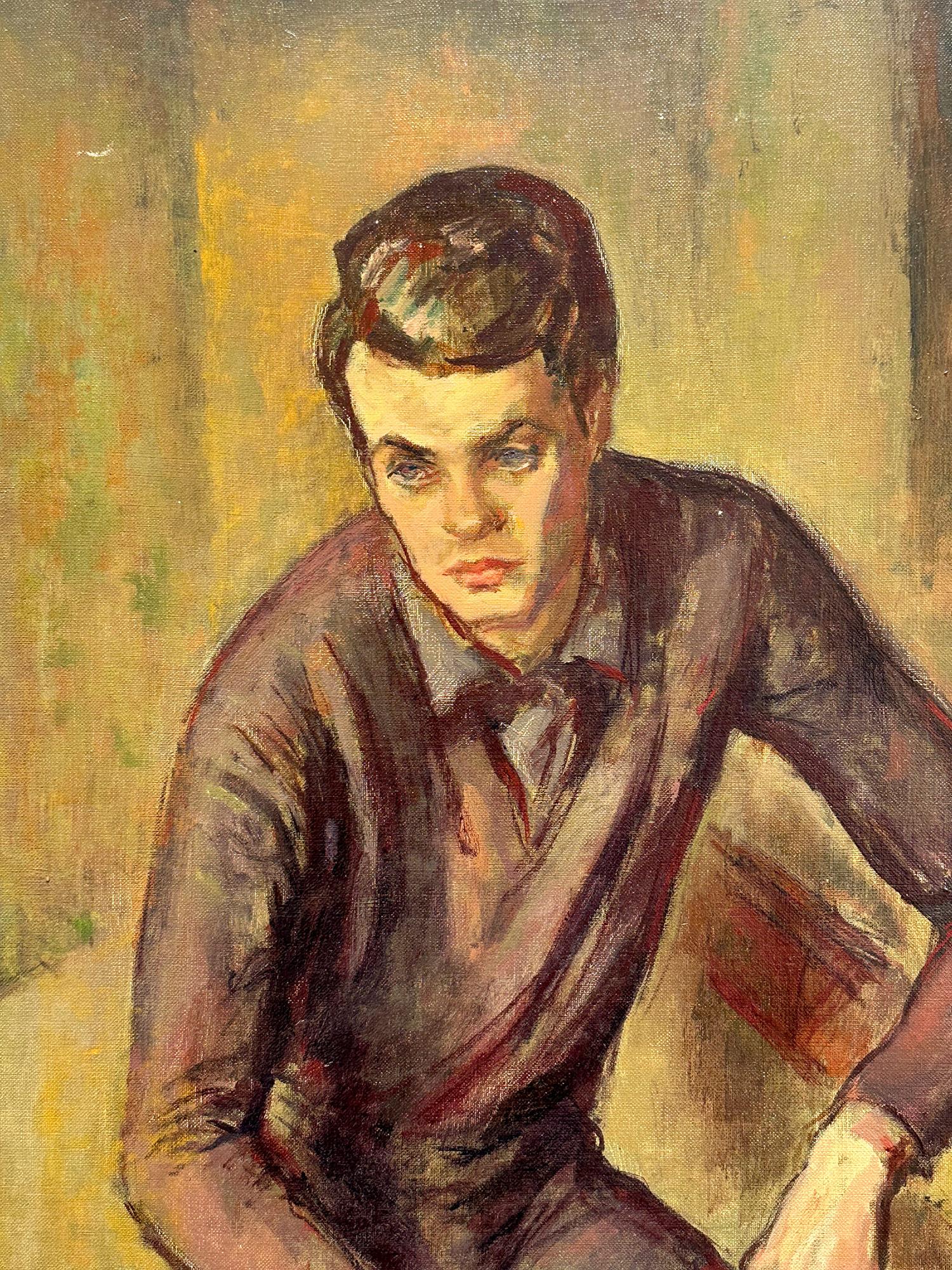 „Meditation“ Porträt eines sitzenden jungen Mannes, amerikanisches Ölgemälde auf Leinwand, gerahmt im Angebot 3