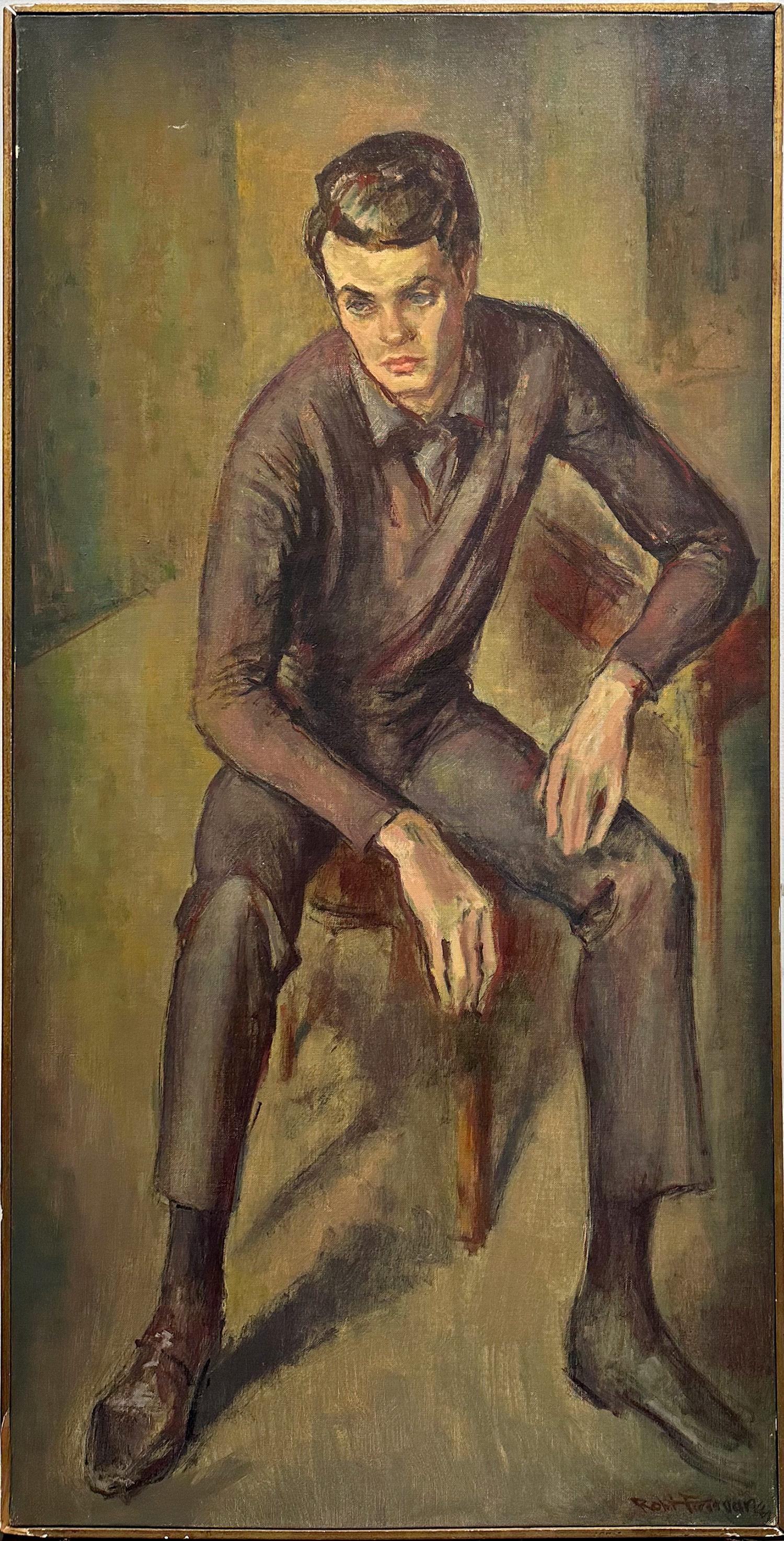 "Meditazione" Ritratto di giovane uomo seduto Pittura a olio americana su tela con cornice