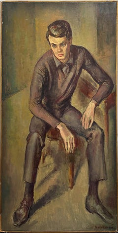 "Meditation" Portrait of Seated Young Man American Oil Painting on Canvas Framed