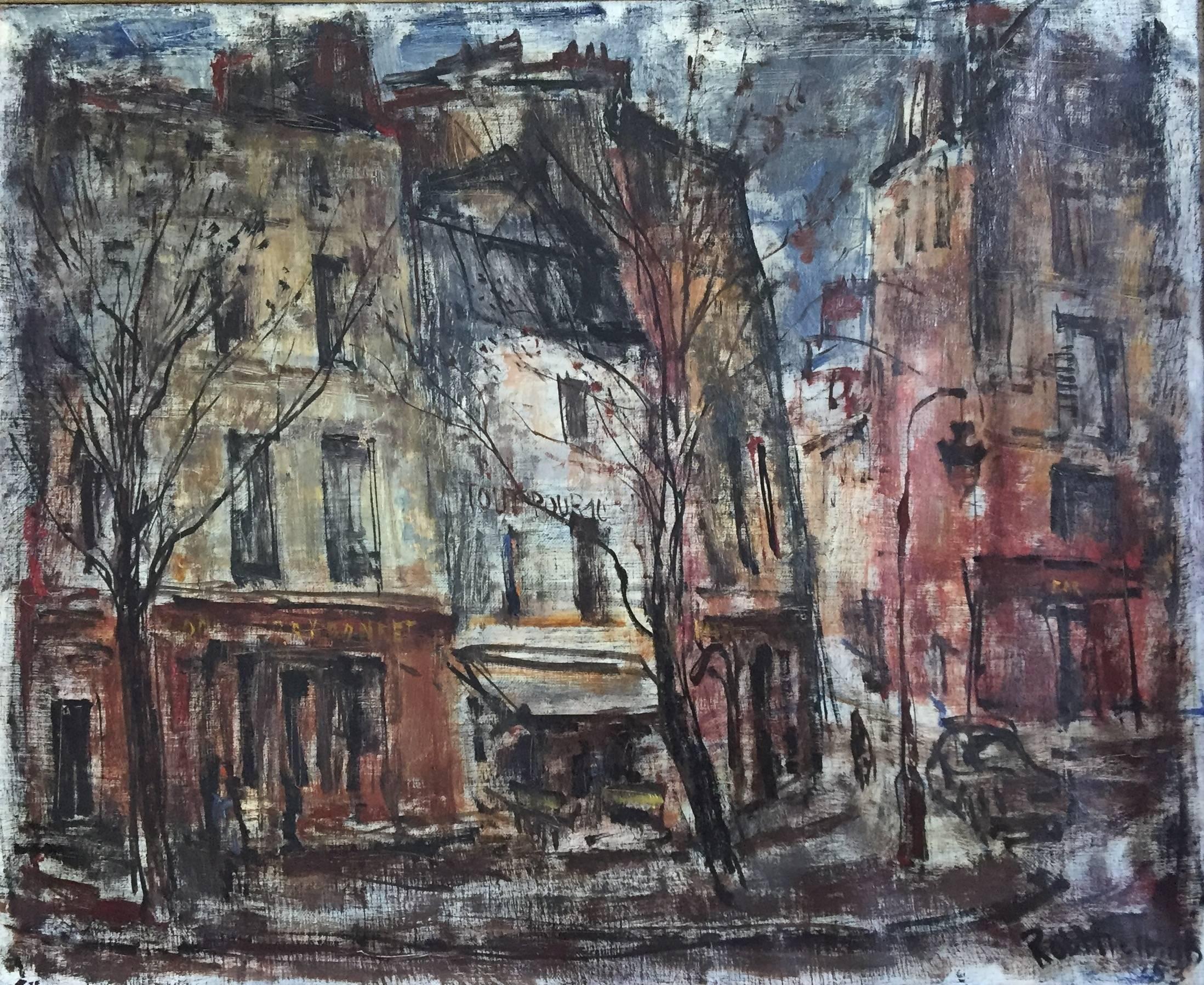 Quai De La Tournelle, Pariser Straßenszene Ölgemälde, amerikanischer taube Modernist – Painting von Robert Freiman