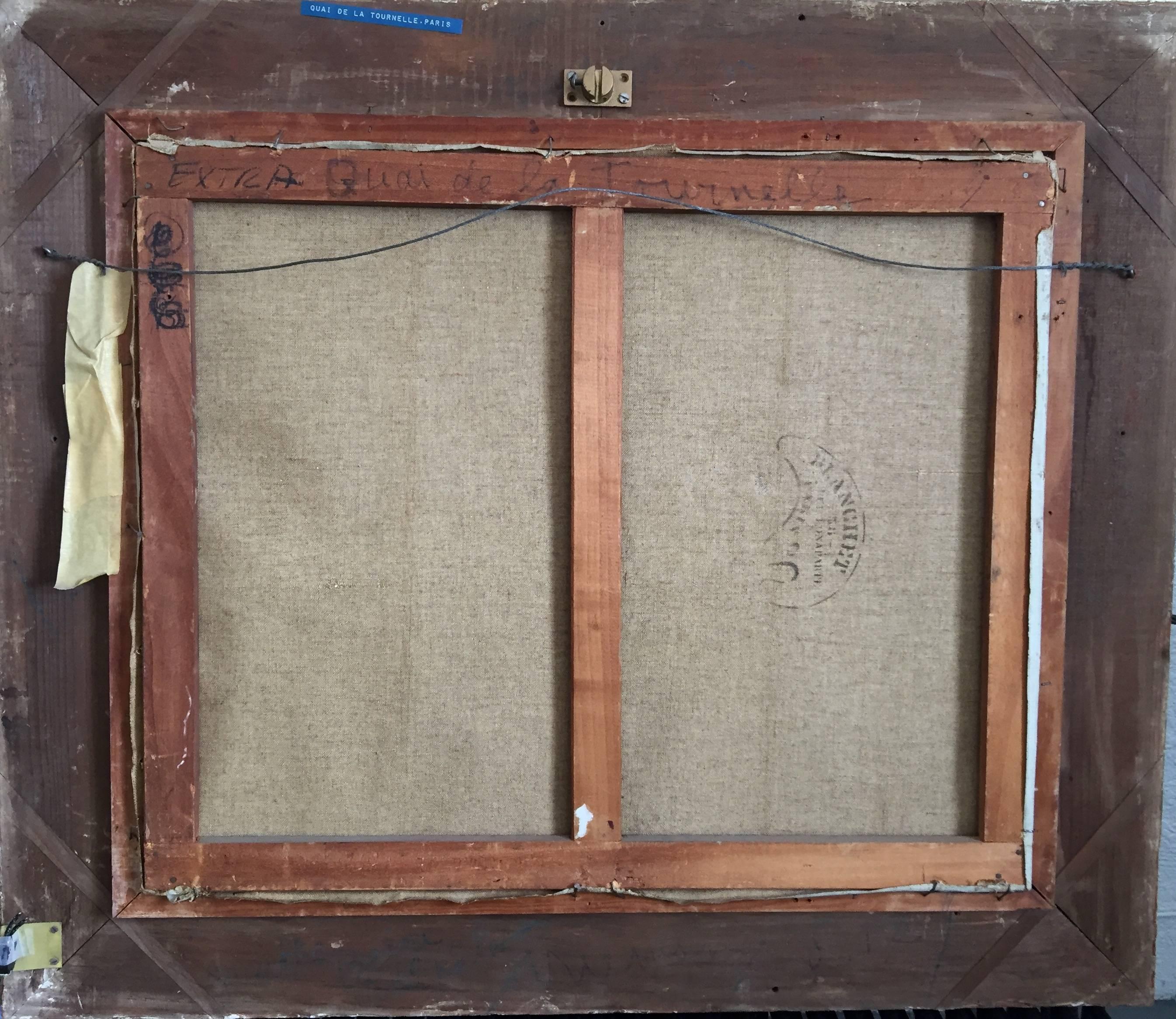 Pariser Straßenszene Ölgemälde in Original Vintage handgeschnitzten Rahmen, zeigt einige Verschleiß.  Signiert v.l.n.r. und datiert 1953. Rückseitig beschriftet mit Titel.
28,50 Zoll mal 33,50 Zoll, einschließlich Rahmen. Ungerahmt 19,75 x 24