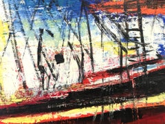 "The Freighter" Mid Century Oil Painting on Canvas Abstract Marina with Boats