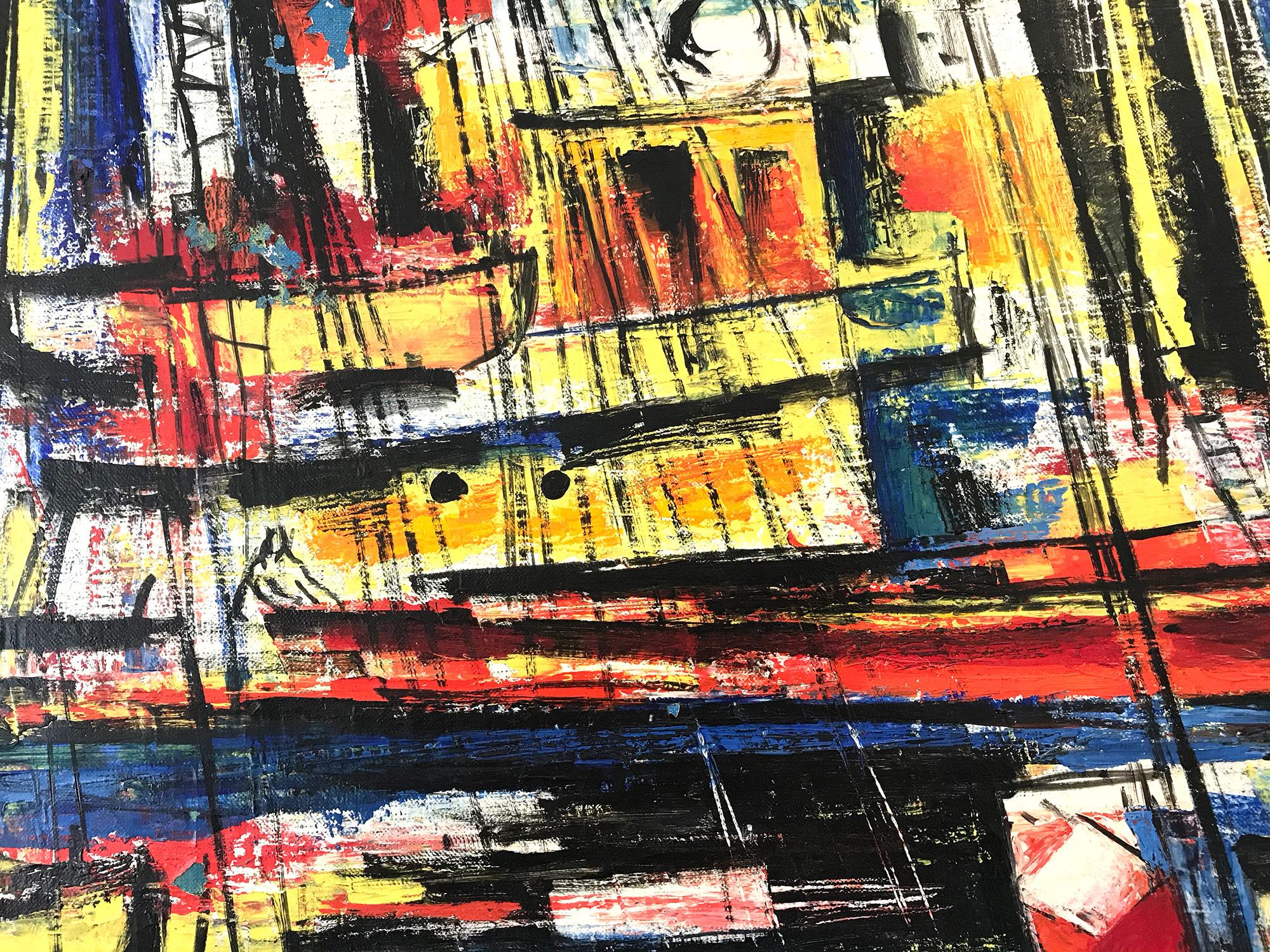 Eine abstrakte Marina-Szene aus der Mitte des Jahrhunderts mit Booten, die eine lebhafte Verwendung von Farbe und komplexen Linien und Farbplatzierungen zeigt. Ein starkes modernistisches Ölgemälde aus dem Jahr 1955 mit Segelbooten auf einem Steg