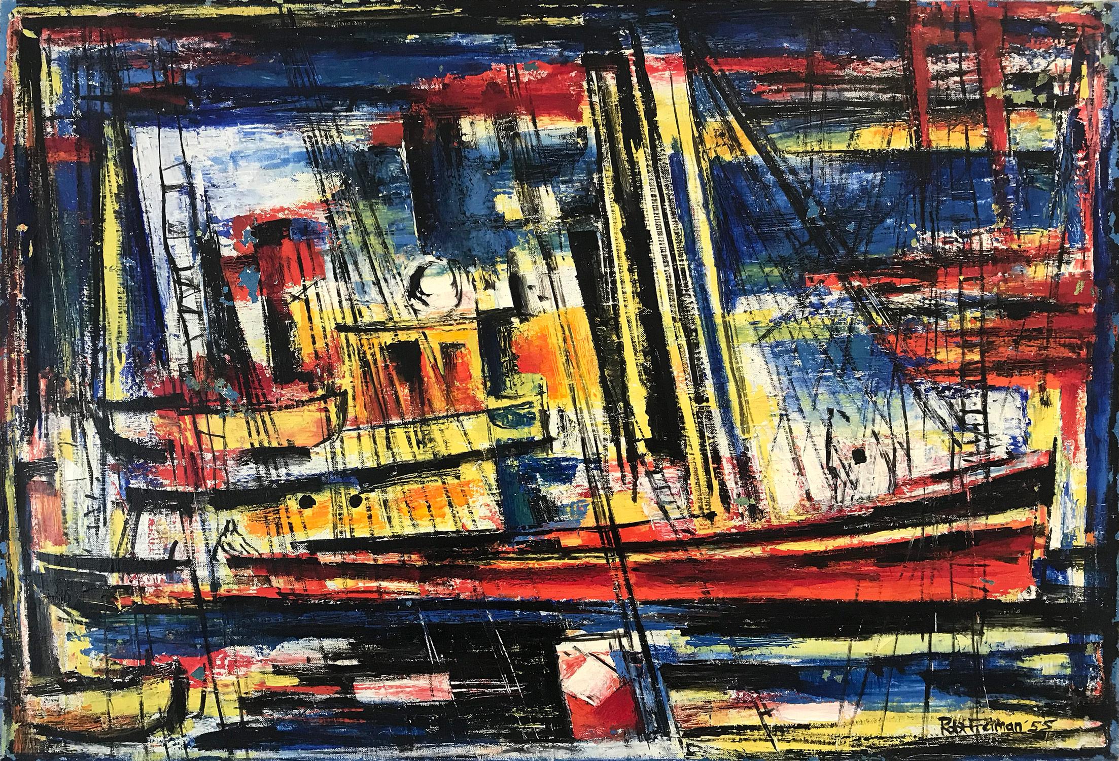 "The Freighter" Peinture à l'huile sur toile du milieu du siècle Marina abstraite avec bateaux