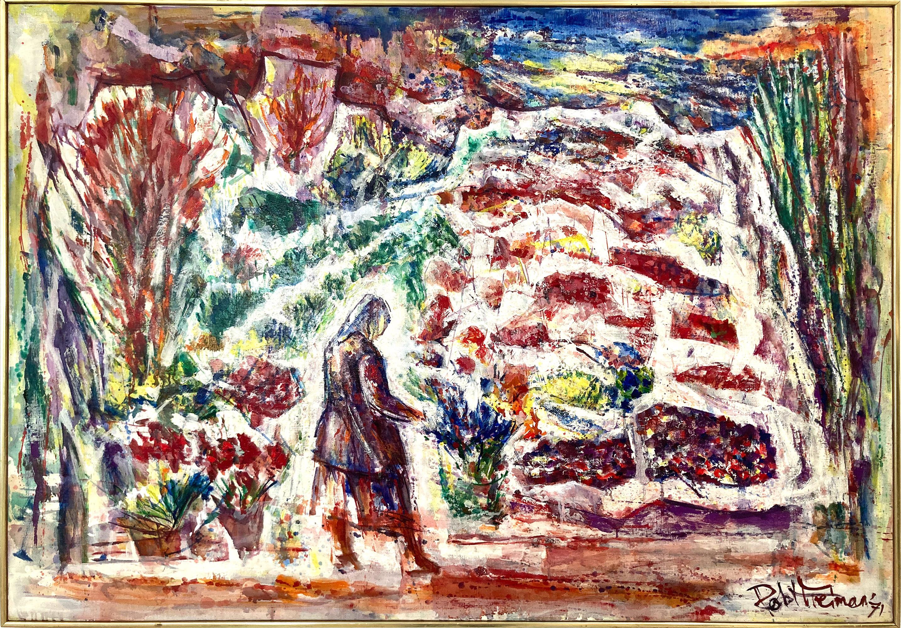 Landscape Painting Robert Freiman - "The Rose Garden" Peinture à l'huile du milieu du siècle sur toile Paysage abstrait et silhouette
