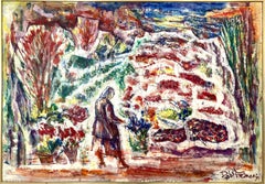 "The Rose Garden" Peinture à l'huile du milieu du siècle sur toile Paysage abstrait et silhouette
