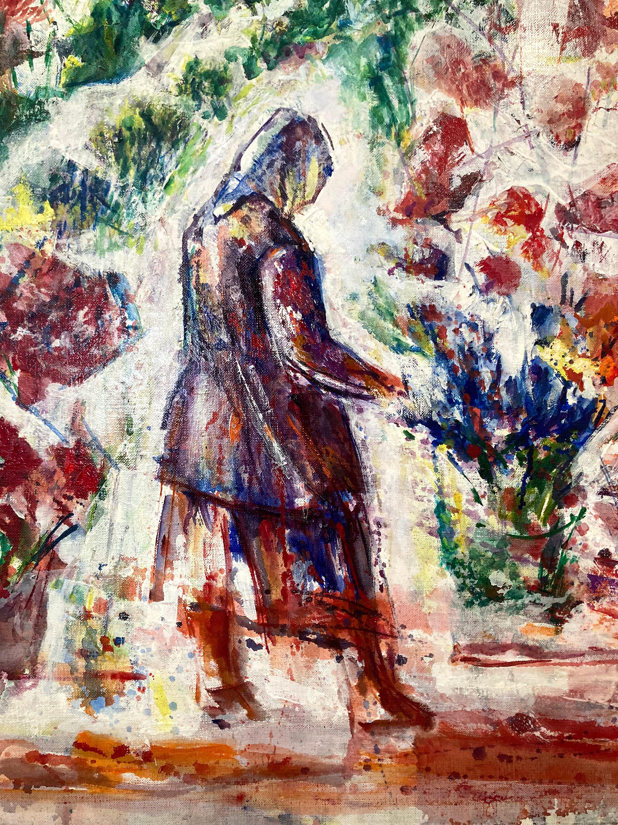 Ein abstraktes Stück aus der Mitte des Jahrhunderts mit helleren Farbtönen, die durch die Verwendung der Grundfarben Blau, Rot und Gelb akzentuiert werden. In dieser abstrakten Komposition sehen wir eine Figur, die sich um ihren Garten kümmert. Eine