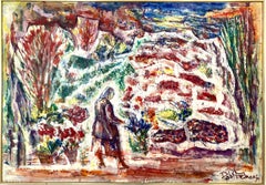 "The Rose Garden" Mid Century Oil Painting on Canvas Abstract Landscape & Figure