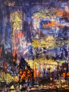 "Zurigo" Pittura a olio su tela della metà del secolo scorso Paesaggio astratto Ponte e acqua