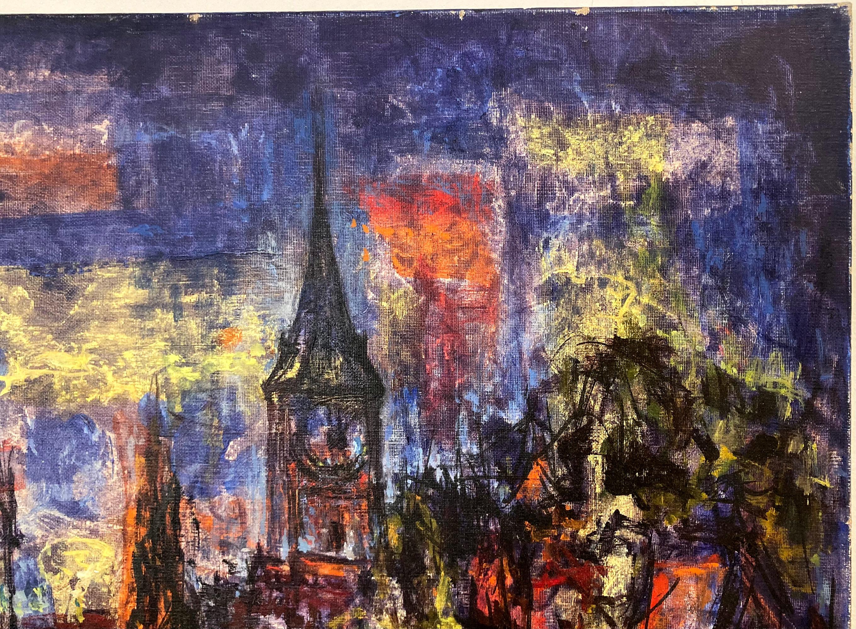 An abstract Mid Century scene of beautiful Zurich, presenting a vivid use of paint and complex lines and color placement. A strong modernist oil painting depicted in 1965 with the bridge along the water. Freiman, known for his figures on canvas or