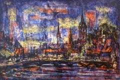 "Zurich" Mid Century Oil Painting on Canvas Abstract Landscape Bridge & Water