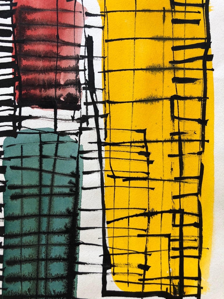 A Classic midcentury watercolor and ink on paper by Robert Freiman, signed and dated 1957.
Robert J Freiman (b. 1917 - d. 1991), deaf from birth, was born in New York City and attended the Lexington School for the Deaf. He studied art at the