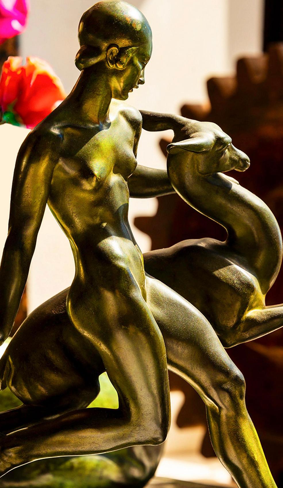 Art Deco Nude Girl and Fawn Statue Photograph For Sale 1