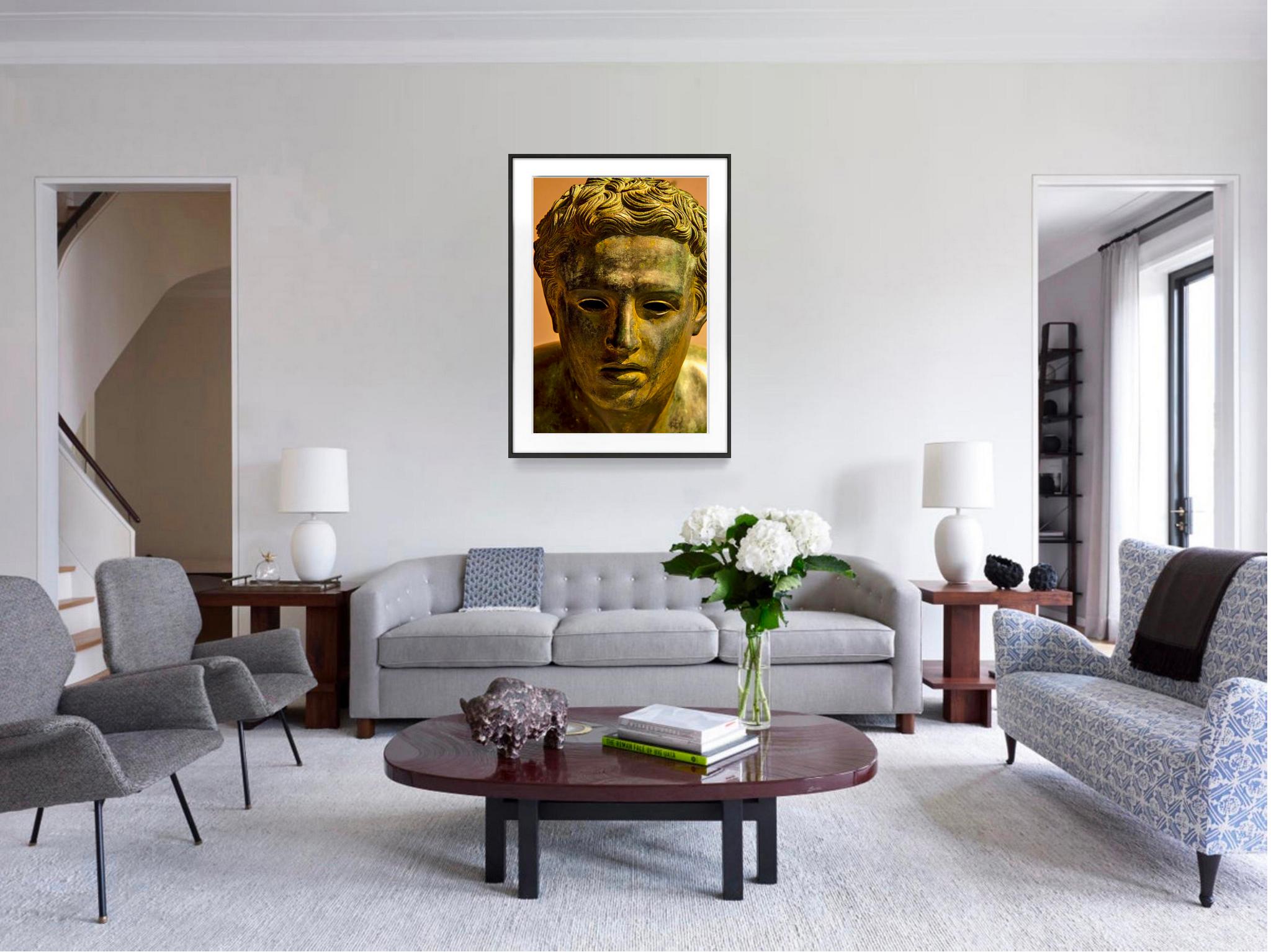 Golden Classical Bronze Head in thought  - Photograph by Robert Funk