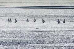 Sail Boats with Two Men in a Boat on a Silver Gray Sea, Monochromatic