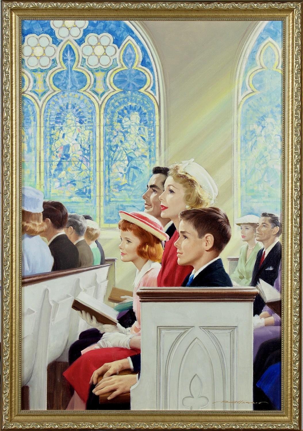 Famiglia seduta in chiesa, Illustrazione calendario Shaw-Barton - Painting di Robert G. Harris