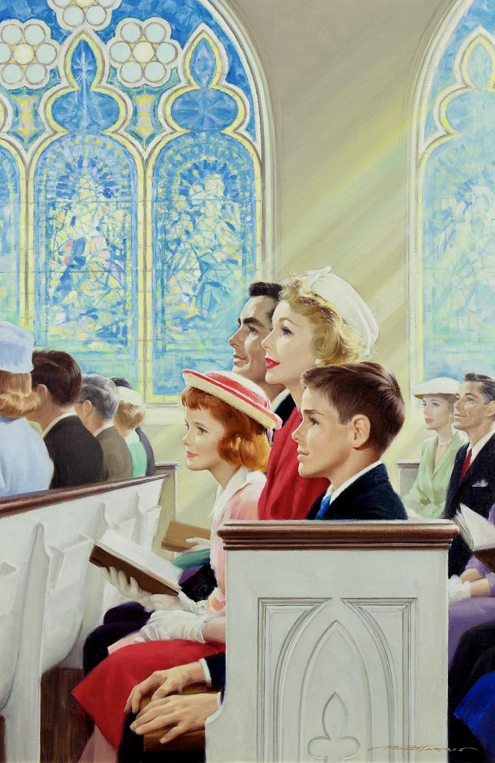 Figurative Painting di Robert G. Harris - Famiglia seduta in chiesa, Illustrazione calendario Shaw-Barton