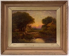 Fine Victorian English Signed Oil Painting Shepherd & Sheep Village Lane Sunset