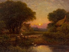 Fine Victorian English Signed Oil Painting Shepherd & Sheep Village Lane Sunset