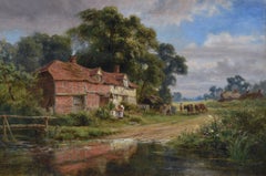 19th Century landscape oil painting of a Surrey Farm by Robert Gallon