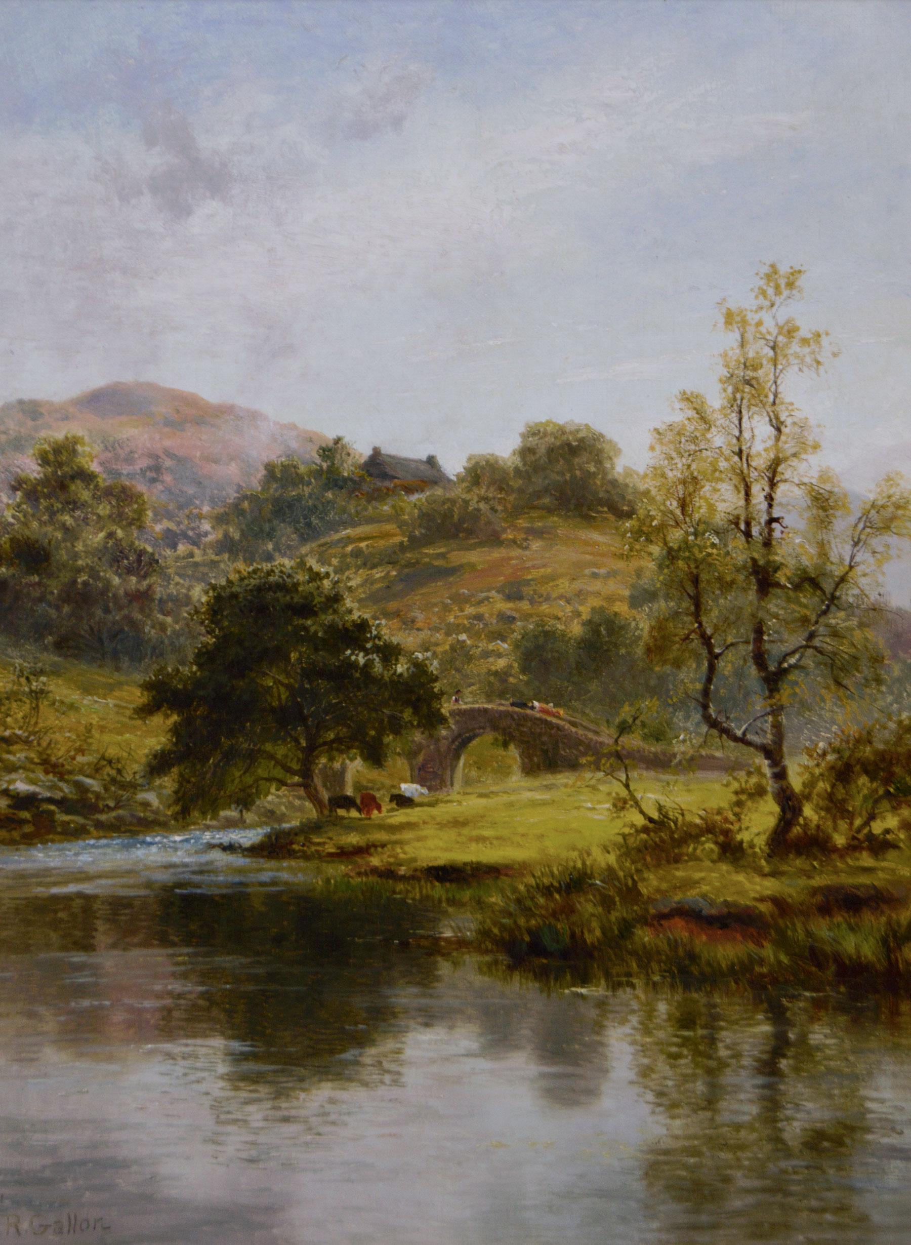 19th Century landscape oil painting of cattle at a river  - Painting by Robert Gallon