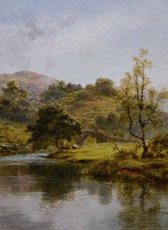 19th Century landscape oil painting of cattle at a river