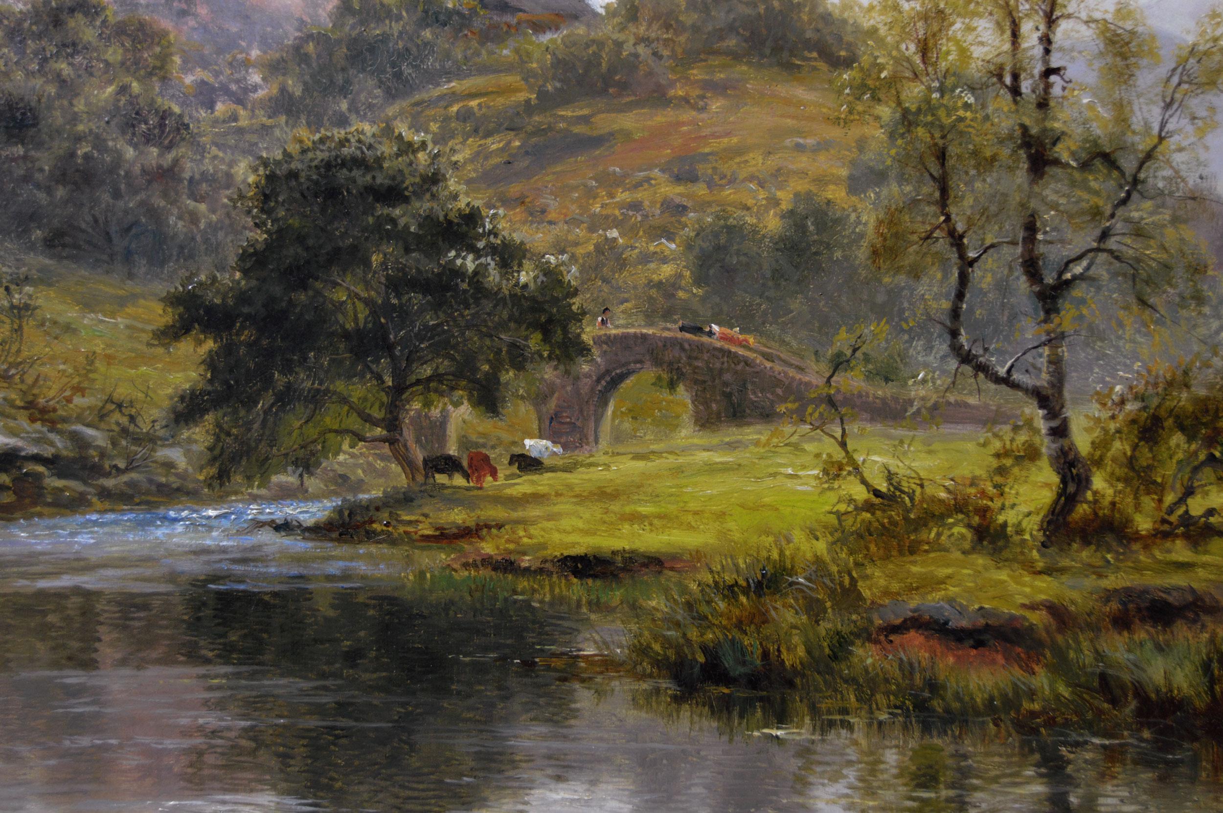 19th Century landscape oil painting of cattle at a river  - Victorian Painting by Robert Gallon