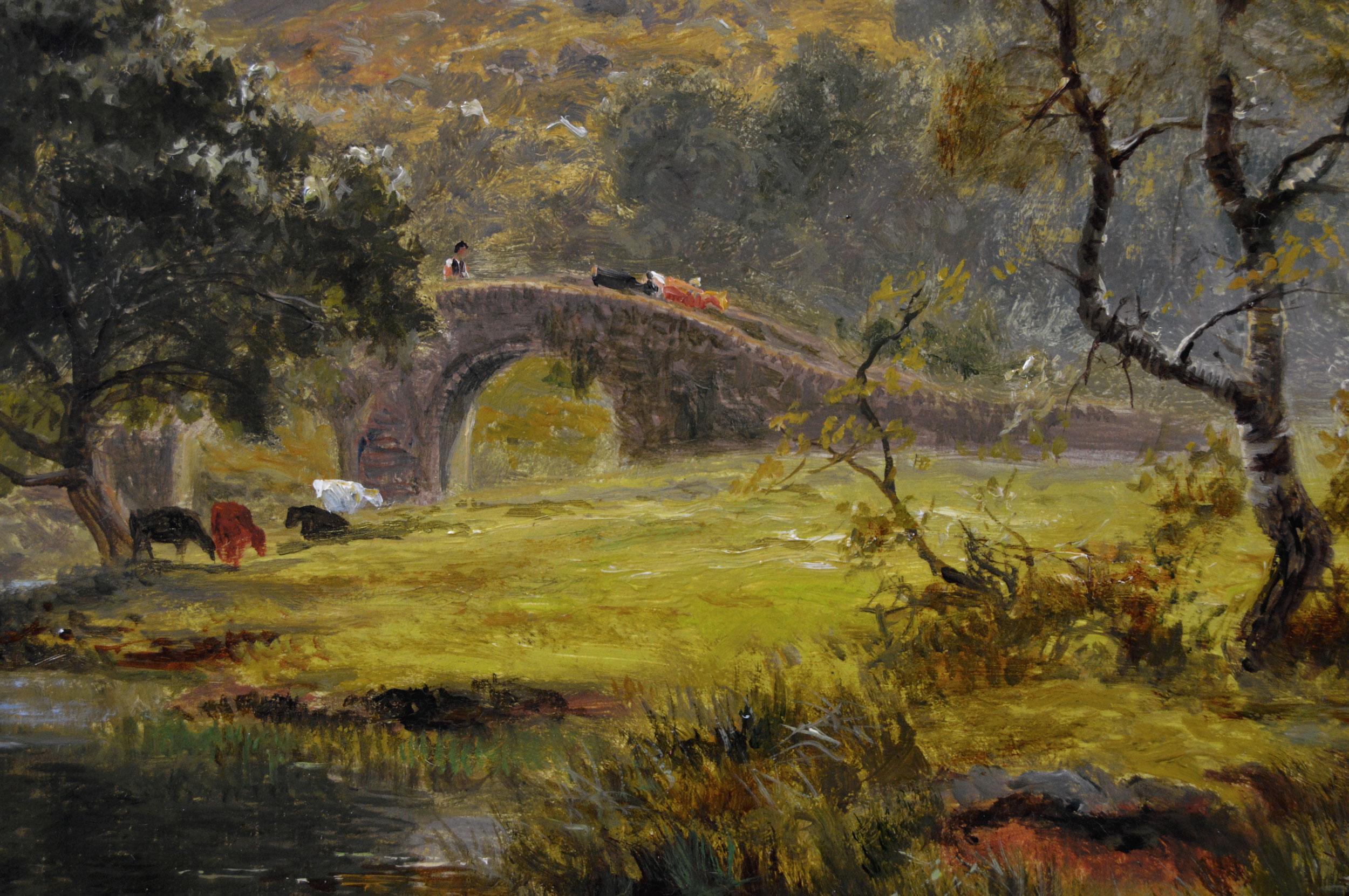 Robert Gallon
British, (1845-1925)
Cattle by the River
Oil on canvas, signed
Image size: 16.5 inches x 12.5 inches 
Size including frame: 23 inches x 19 inches

Robert Gallon was a landscape painter born in Deptford, Kent in 1845 to the artist