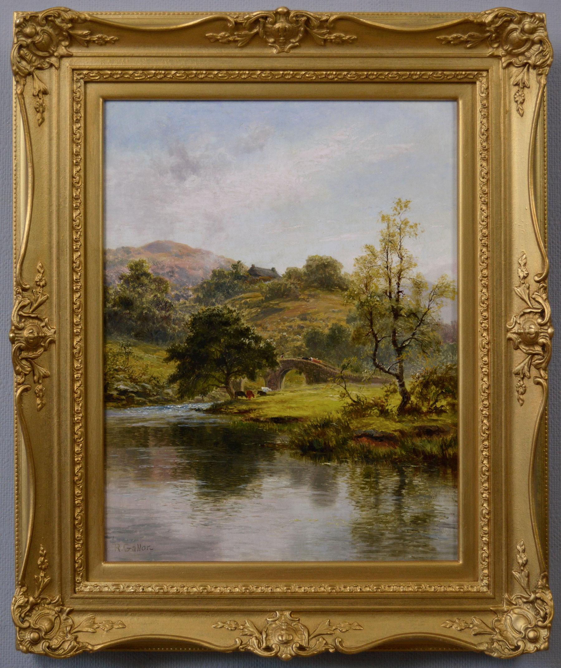 Robert Gallon Animal Painting - 19th Century landscape oil painting of cattle at a river 